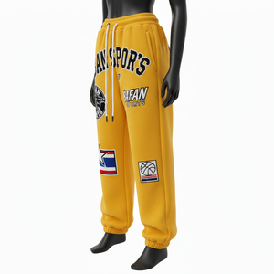 Pantalon baggy pour femme en coton premium et polyester polaire 300 GSM, tissu brossé doux, jaune, logo brodé personnalisé, pantalon baggy en vente - Product Image 4