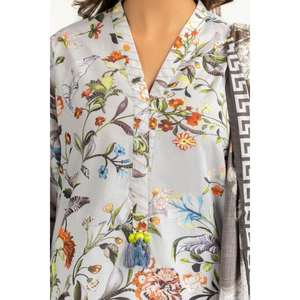 เสื้อเชิ้ตผ้าชีฟองสีเทาพิมพ์ลายสไตล์โบฮีเมียน ผ้าฝ้าย 100% ระบายอากาศได้ดี พร้อมผ้าคลุมไหล่สำหรับผู้หญิง สำหรับฤดูใบไม้ผลิ/ฤดูร้อน - Product Image 5