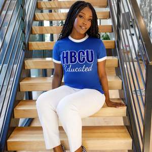 HBCU Women's Blue <b>White</b> Chenille Tee Premium Cotton T-<b>Shirt</b> Classic <b>Fit</b> Greek Apparel Soft Comfortable Stylish Embroidered Logo - Product Image 1