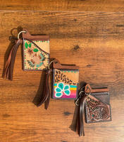 Nouvel arrivage Porte-cartes ATM en cuir véritable à motif floral Étui élégant et mignon Petit porte-cartes à pompons de la mode occidentale avec porte-clés