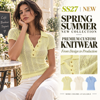 Polo Henley à col en tricot torsadé jaune pâle pour femme, manches courtes, style preppy, fabricant de tricots en gros