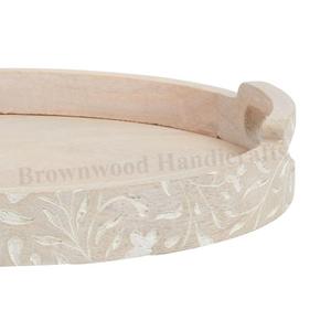 Plateau de service rond en bois sculpté à la main avec poignées plateau de service en bois de mangue meilleure vente pour fournitures de Restaurant et d'hôtel - Product Image 2