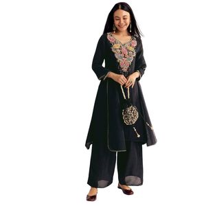 Zardosi noir travail Dola soie Kurta Palazzo costume avec organza Dupatta vente en gros de vêtements ethniques pour femmes OEM usine fournisseur en gros - Product Image 4