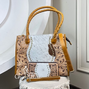 2023 Wholesale New Women Luxury Hand <b>Tooled</b> Genuine Cowhide Leather Shoulder <b>Tote</b> <b>Bag</b> & Wristlet Wallet Ladies 2 piece Combo Set - Product Image 1