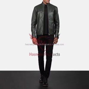 Veste en cuir véritable vert pour homme, col montant, double fermeture éclair sur la poitrine, en peau de mouton, couleur olive foncé, style Cafe Racer, veste de motard personnalisée, vêtement d'extérieur d'hiver - Product Image 2