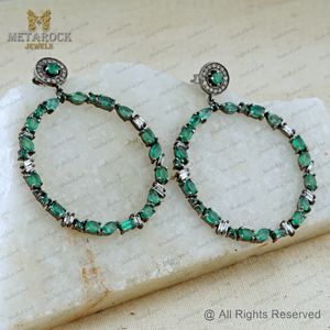 Pendientes redondos de diseño de plata 925 y Diamante marrón, joyería hecha a mano de piedras preciosas de Esmeralda con realce, 14Kt - Product Image 6