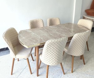 Juego de mesa de comedor extensible moderno con 6 sillas tapizadas, patas de madera, fácil instalación, para uso en interiores y en el hogar. - Product Image 1