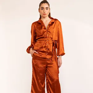 Rust Satin Skalierung Ausschnitt Plakathemd mit abgestimmter Hosenset für Damen und Mädchen zweiteiliges Kord Set zum Großhandelspreis