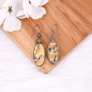 Hermosos y Modernos Pendientes de Latón con Bisel de Rutenio Negro y Jaspe Abeja Natural de Forma Ovalada, Venta al por Mayor para Mujeres y Niñas - Product Image 4