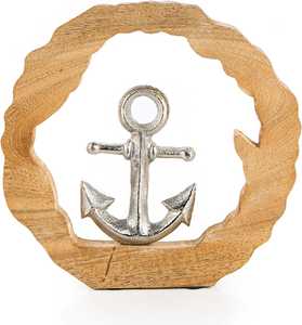 Sculpture de table rustique en bois avec ancre centrale en métal argenté – Décoration d'ambiance marine et nautique pour la maison - Product Image 1