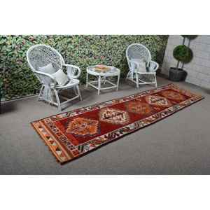 Alfombra Turca de Lana Vintage con Borde Rojo, 3.1x11.5 pies - Product Image 2