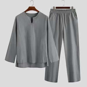 Collection printemps-été pour hommes haute qualité 100% coton col en V manches longues T-shirt pantalon costume imprimé deux pièces ensembles - Product Image 1