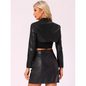 Veste en cuir véritable pour femmes noires, style denim, col en V, fermeture éclair sur le devant, imperméable, style motard, manches longues - Product Image 3