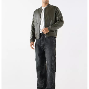 Blouson aviateur à col montant en cuir véritable au design moderne et simple pour hommes, tenue décontractée légère et chaude pour l'hiver avec fermeture à glissière et logo sur le devant - Product Image 4