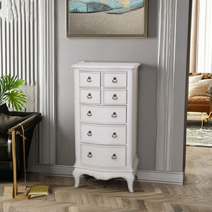 Muebles de Madera Maciza de Caoba de la Colección París de Mebel International, Cómoda Alta y Estrecha Blanca, Diseño Clásico Francés, Cajones de Almacenamiento - Product Image 1