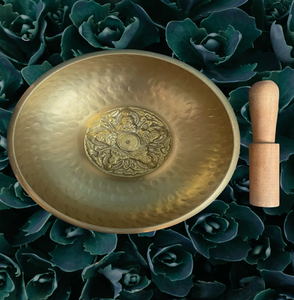 A highly polished, golden-colored singing bowl with a clean, smooth surface and a light <b>wood</b> <b>mallet</b> resting inside - Product Image 2