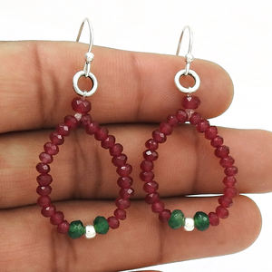 Ruby Emerald Gemstone Beaded Beaded <b>Earring</b> 925 Sterling <b>Silver</b> Custom Size Women Handmade <b>Dangle</b> Gemstone Beaded Hoop <b>Earrings</b> - Product Image 1