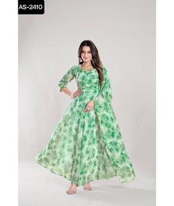 Ropa étnica india Georgette Maxi vestidos y Dupatta con trabajo de impresión digital Listo para usar Vestidos Estilo Kurtis Set para mujeres - Product Image 1