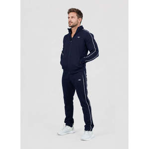 Ensemble de survêtement décontracté pour homme, bleu marine, avec fermeture éclair, col montant, bandes latérales, respirant, 320g, style sportif - Product Image 1
