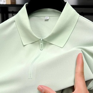 Polo Demi-zip pour Homme Beige Clair Respirant Décontracté Slim Fit Coton Stretch Col Classique Business Casual Tops - Product Image 6