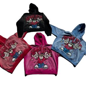 Streetwear coton éponge français soleil délavé Vintage fermeture éclair lavé personnalisé en détresse broderie Patch sweats à capuche - Product Image 1