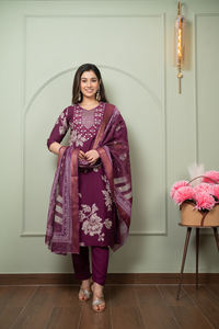 Heavy Designer Rayon Printed and Zari Sequence Work Straight <b>Kurti</b> With Pant and Dupatta Set Ready to Wear - Product Image 2