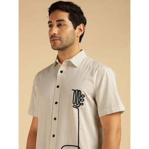 Amanush <b>Men's</b> Off White Cotton Short Sleeve Casual Shirt With Hand Drawn Guitar Print Turn-down Collar Breathable Summer Wear - Product Image 2