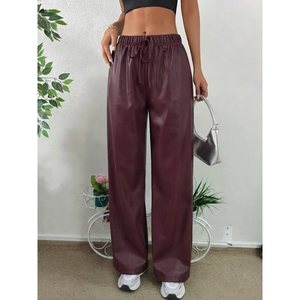 Pantalones de cuero Kadin Yuksek Bel con cintura elástica, detalles de cordones y corte amplio, 38553 - Bordo - Product Image 1