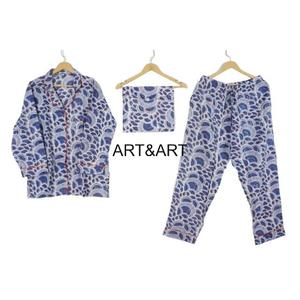 Conjunto de pijama de verano de talla grande de algodón puro 100% indio para mujer, cómoda camisa de manga larga con estampado Floral, hogar relajado - Product Image 6