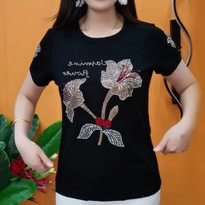 <b>Women's</b> Round Neck Fashion 2024 Summer New Solid Color Printed Letter Diamond Short Sleeve <b>Loose</b> Minimalist Casual T-shirts <b>Tops</b> - Product Image 2