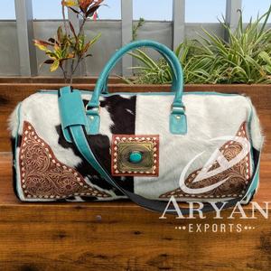 Sac de voyage en cuir torsadé à la main, en cuir de vachette, à motif floral, pour la nuit, avec pierre turquoise, bohème, pour femmes - Product Image 1