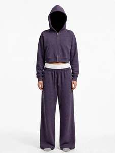 <b>Womens</b> Baggy Double Waistband <b>Tracksuit</b> Set Dark <b>Purple</b> Cropped Hoodie And Wide Leg Sweatpants Dark <b>Purple</b> Zip Up Hoodie Winters - Product Image 1
