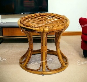 Living Room Furniture Restaurant Round Natural Wood Cane Seat Wicker Rattan Chair Bar <b>Stool</b> <b>Ottoman</b> Bone Inlay Console - Product Image 1