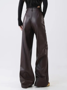 Pantalones de pierna ancha de piel sintética negra de cintura alta para Mujer | Pantalones/Pantalones de mujer informales elegantes y cómodos para mujer OEM - Product Image 4