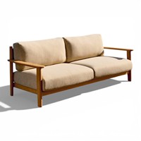 Modernes Nordisches 2-Sitzer-Sofa Umweltfreundlicher Stoff mit Massivem Teakholzrahmen Minimalistisches Design für Apartment Wohnzimmer