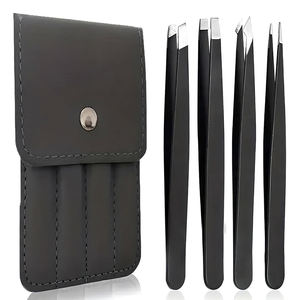 Juego de pinzas para cejas negras de acero inoxidable de alta calidad con tijeras y estuche de cuero Juego de herramientas para cejas - Product Image 1