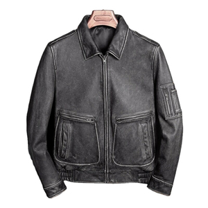 Veste en cuir de vachette véritable marron vintage pour homme, blouson bombardier épais avec col montant et logo sur le devant en toile, OEM - Product Image 6