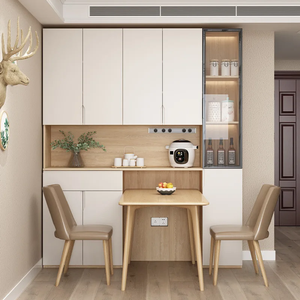Mueble de comedor moderno con puerta de vidrio, iluminación LED, mesa de madera y juego de sillas para almacenamiento en la cocina del hogar. - Product Image 1