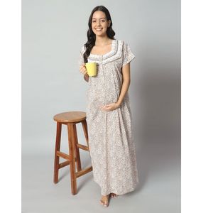 ชุดนอนคลุมท้องผ้าฝ้ายแท้ 100% แขนสั้น ความยาวเต็มตัว ผ้าระบายอากาศ ลายดอกไม้ที่คอ ดีไซน์หรูหราสำหรับฤดูร้อน - Product Image 1