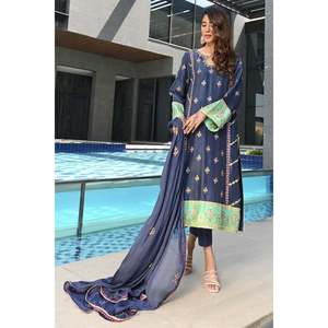 Robe en mousseline de soie bleue et jaune moutarde pour le printemps et l'été - Product Image 1