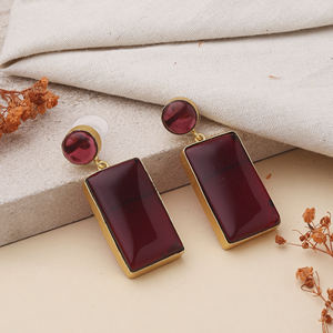 Handcrafted <b>Red</b> Glass Stone Classic Geometric Statement <b>Drop</b> <b>Earrings</b> Other Plated Fashion Jewelry Women Elegant Evening Wear - Product Image 1