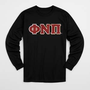 Maglietta a maniche lunghe Kappa Alpha Psi Phi Nu Pi con 3 lettere in feltro, nera, da uomo, ufficiale D9 Greek Apparel - Product Image 1