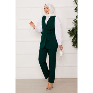 Conjunto de chaleco esmeralda con lazo lateral, blazer largo XL de fitness, cuello con lazo, tejido de lana y poliéster, botones decorativos, color esmeralda, para fitness. - Product Image 3
