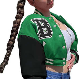 Veste universitaire pour femmes manches en cuir véritable corps en laine teint uni Letterman respirant tricoté automne saison en gros - Product Image 5