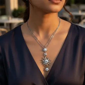 Collier soleil argenté avec pendentif en zircone cubique, colliers en cristal pour femmes - Product Image 2