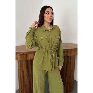 Olive Button Detailed Shirt And Ribbed <b>Trousers</b> Set - Olive - Product Image 3
