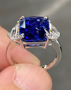 Royal Blue Sapphire American Diamond 925 Sterling Silver Engagement <b>Ring</b> Large Square <b>Cushion</b> Vintage Prong Setting Third Party - Product Image 2