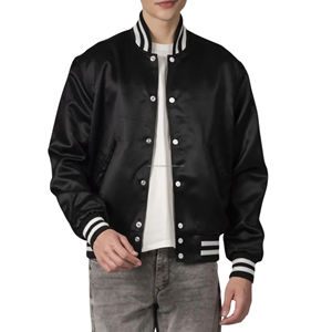 New Trend Retro Satin Varsity Jacket Unisex Lightweight Silky Glossy <b>Fabric</b> Baseball Team Uniform Patchwork Front Custom - Product Image 4