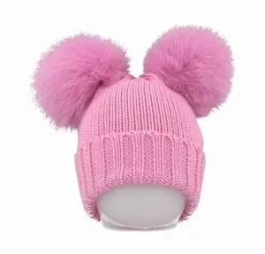 MadeinItaly Supplier Unique Knitted Ribbed Pink Beanie Hat With Two Pompon Real Fox Fur For Mountain Weekend