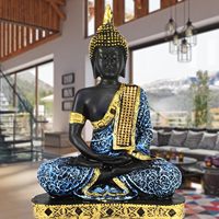 Élégante sculpture de bouddha en polyrésine dorée | Pièce maîtresse Art déco sur le thème de la paume avec artisanat en métal pour la décoration intérieure